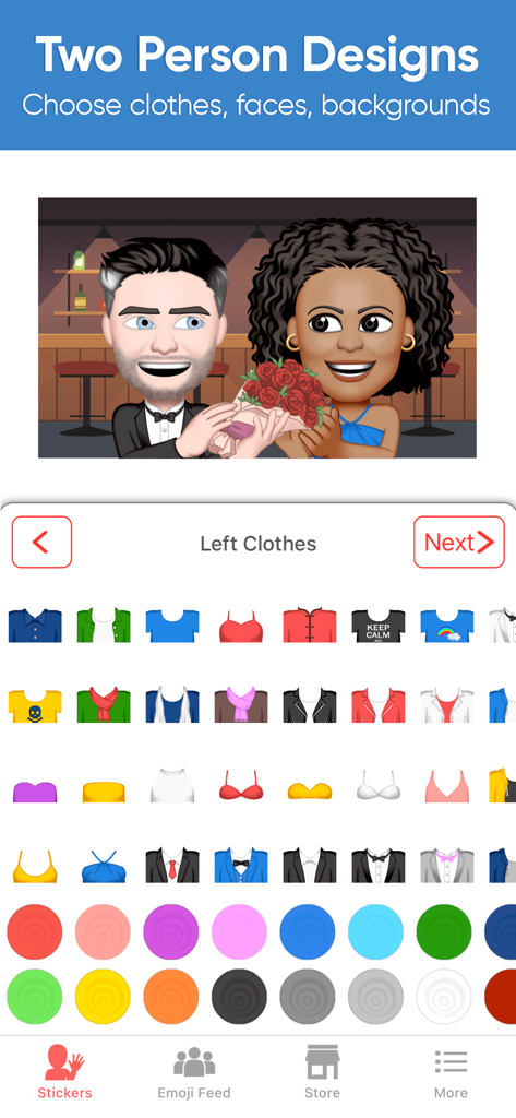 Emoji Me Sticker Maker - Interface for customizing clothes and faces of a two person emoji design