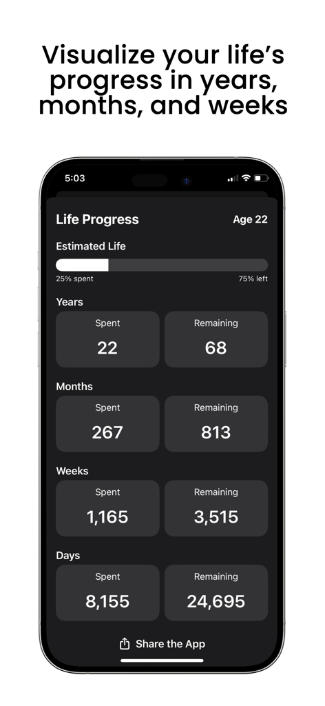 Lifetime: Life Progress - Ein Dashboard, das den Lebensfortschritt in Jahren, Monaten, Wochen und Tagen visualisiert