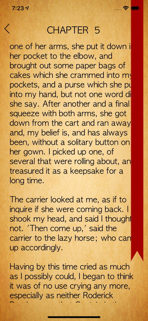 Dickens Books - Reading interface of the Dickens Books app showing novel text on a parchment background with a red bookmark