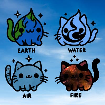 4 cats that represent the different elements, earth, water, air, and fire