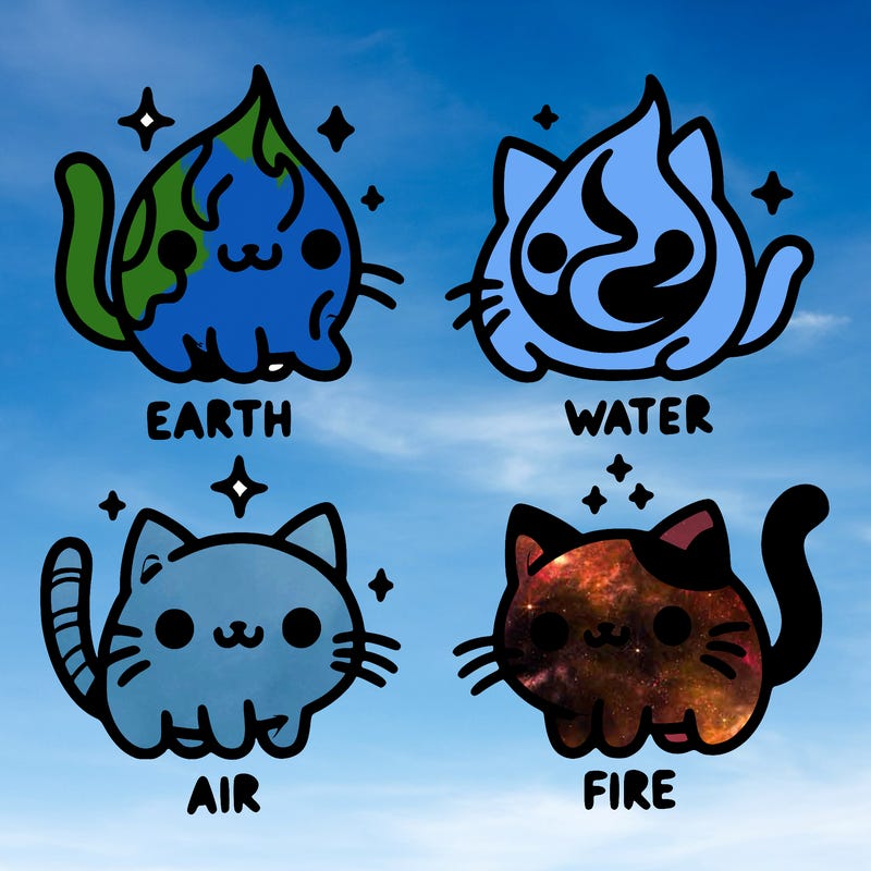 4 cats that represent the different elements, earth, water, air, and fire