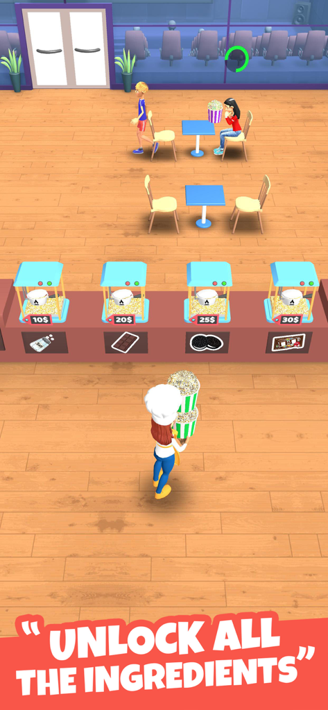 Perfect Popcorn: Food Games - Uno chef che trasporta secchielli di popcorn in un gioco di simulazione alimentare in cui i giocatori sbloccano nuovi ingredienti.