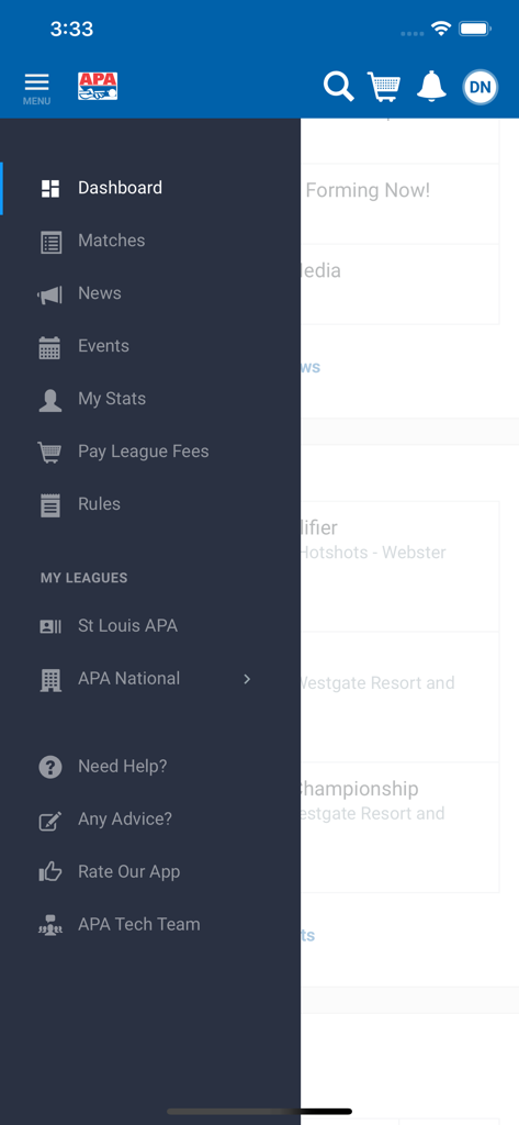 Menu de navigation latérale de l'application mobile APA Pool League indiquant les options pour les matchs, les statistiques et le paiement des frais de ligue.