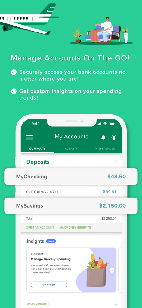 Central Bank - Mobile - Central Bank Mobile app screen showing checking and savings account balances and spending insights features
