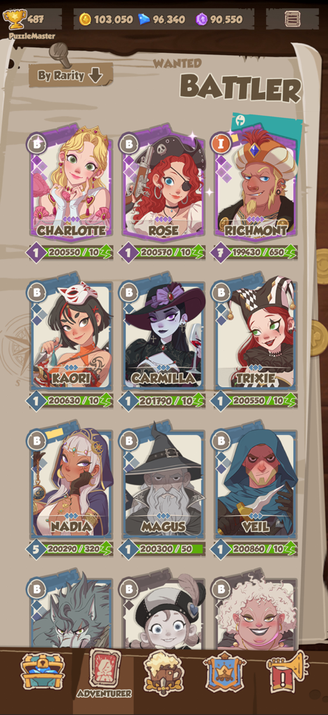 League of Puzzle - A menu screen in League of Puzzle displaying a grid of unlocked character cards for selection.