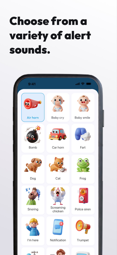 ClapSeek: Find phone by clap - Captura de pantalla de la aplicación ClapSeek que muestra una lista de sonidos de alerta que incluyen iconos de animales y objetos