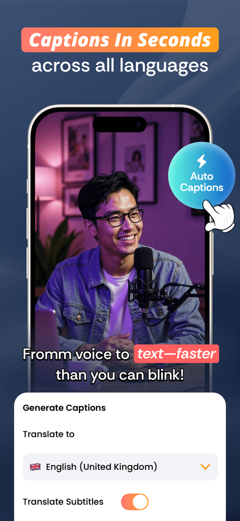 Captions Maker: Video Subtitle - Captions Makerアプリが自動生成された字幕と動画クリエイター向けの多言語翻訳機能を備えたスマートフォンのインターフェース。