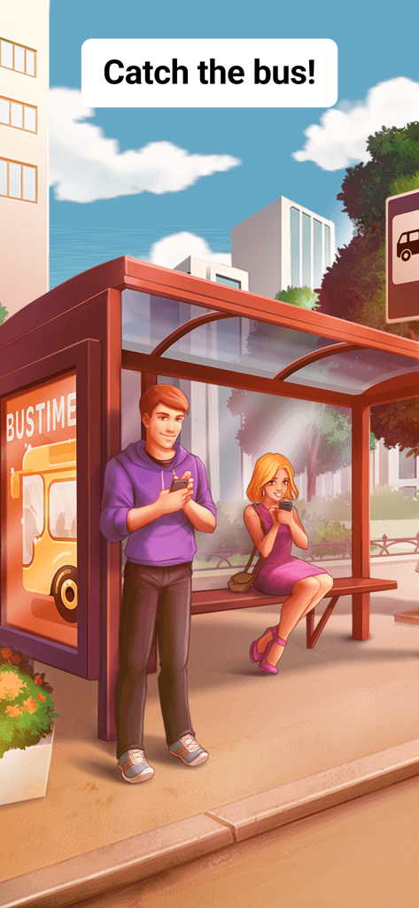 Bustime: Transport online - Illustration of young people at a bus stop using the Bustime app on their phones