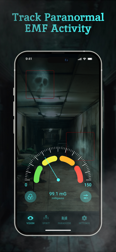 Ghost Detector Spirit Hunting. - Ghost detector app interface displaying an EMF meter and a ghostly figure in a dark hallway