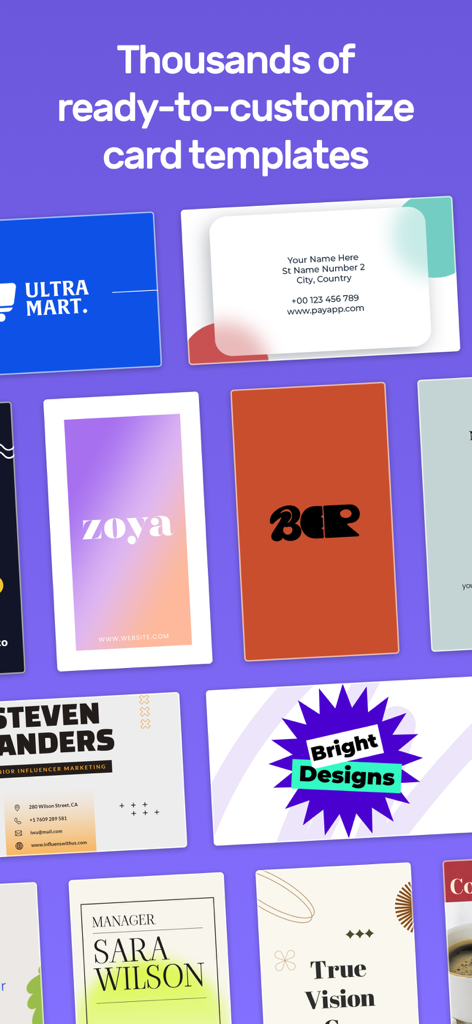 Business Card Design Maker - Eine Auswahl an anpassbaren Visitenkarten-Vorlagen in verschiedenen modernen und kreativen Stilen