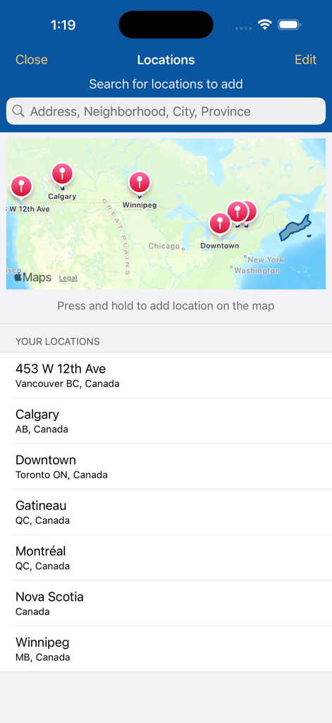 Alertable - Alertableアプリの画面。カナダの地図上およびリストに、監視対象の場所が表示されています。