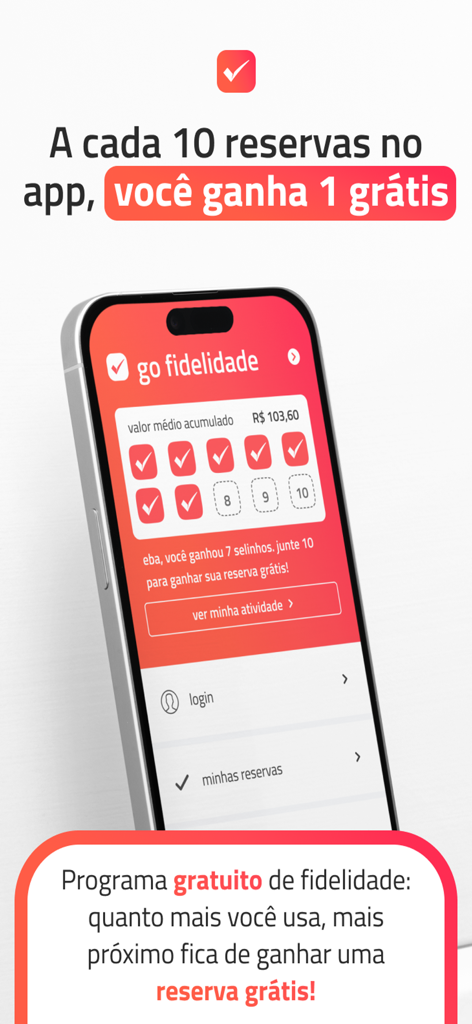 guia de motéis go - Écran du programme de fidélité de l'application Guia de Moteis Go montrant une carte de timbres pour une réservation gratuite