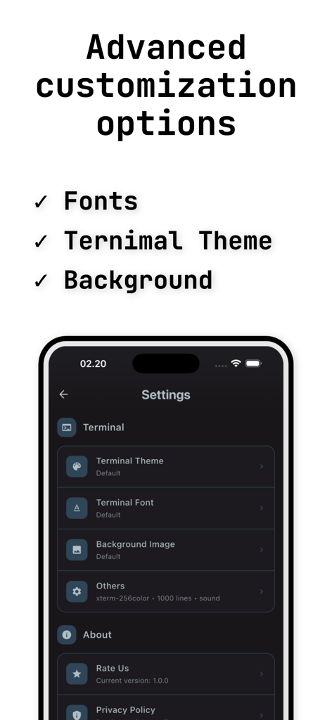 Termux Pro - - Termux Pro settings screen showing options for customizing terminal themes fonts and background images