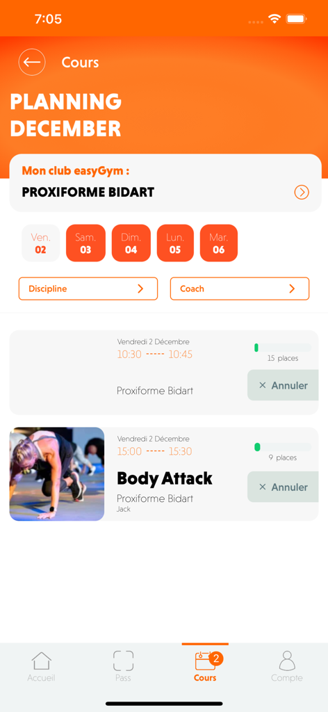easyGym Fitness app interface showing gym class schedules and booking options