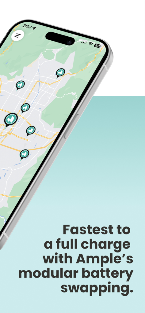 Ample App - Ample app map interface showing locations of modular battery swapping stations