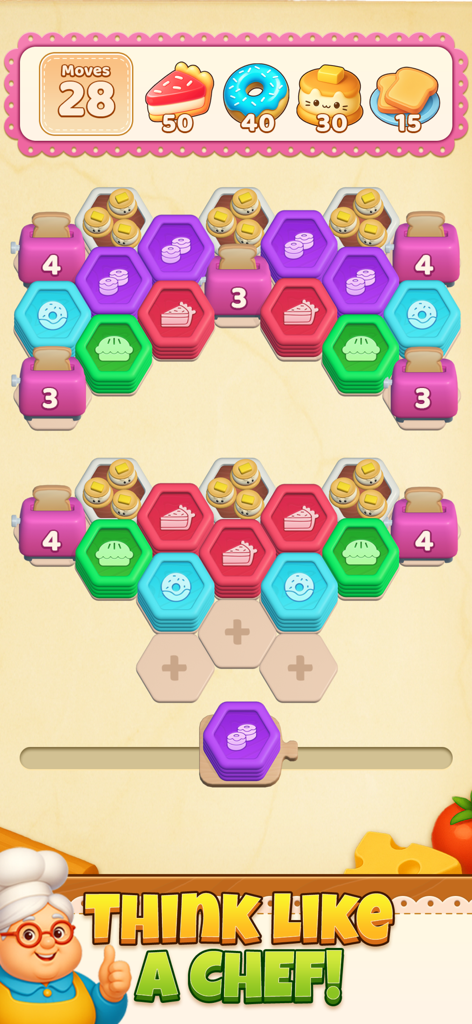 Cooking Blast 3D: Hexa Match - A gameplay screenshot of Cooking Blast 3D featuring a hexagonal color matching puzzle with bakery themed tiles and a cute chef character.
