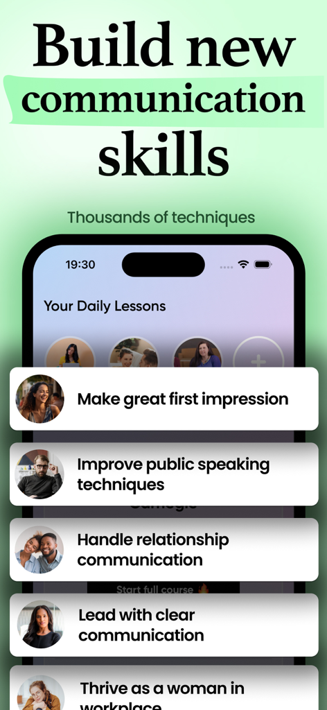 Interface de l'application Communication skills 2025 montrant une liste de leçons quotidiennes pour les premières impressions, la prise de parole en public et les compétences relationnelles.
