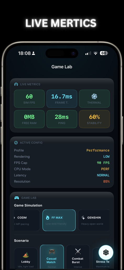 Magic Tuner: 120 FPS & Lag Fix - Magic Tuner app dashboard displaying live gaming metrics including FPS ping and stability stats
