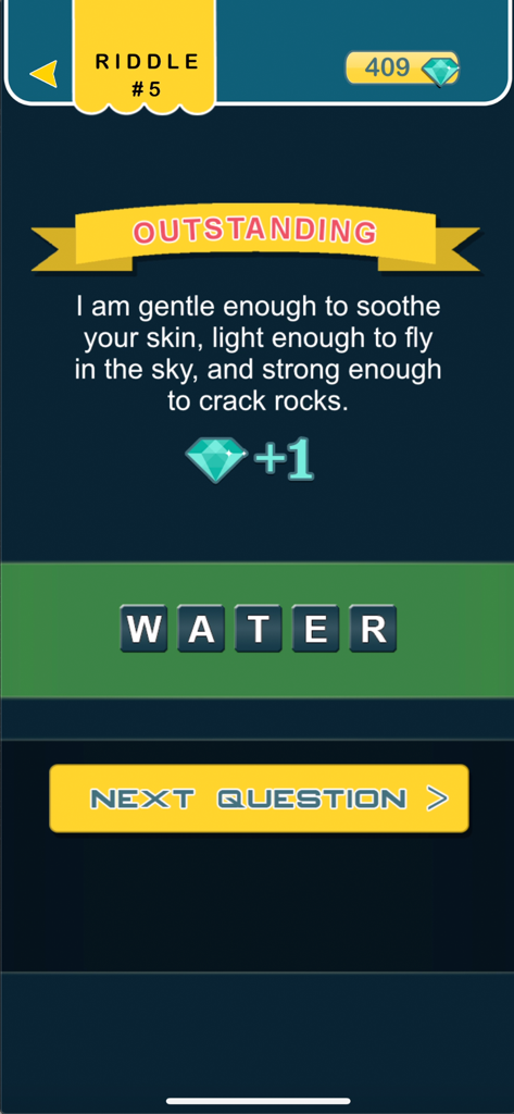 What am I? riddles - Word game - A riddle game screen showing the solved word water for a brain teaser puzzle