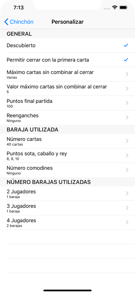 iChinchon - Menu for customizing game rules and deck settings in the iChinchon card game app