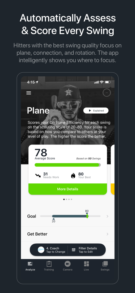 Blast Baseball app interface showing a swing plane efficiency score of 78 on a 20-80 scouting scale