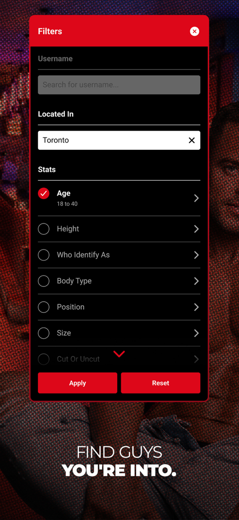 SQ Dating: Gay Chat & Meet - Search filters in the SQ Dating app allowing users to find guys by age location and physical traits