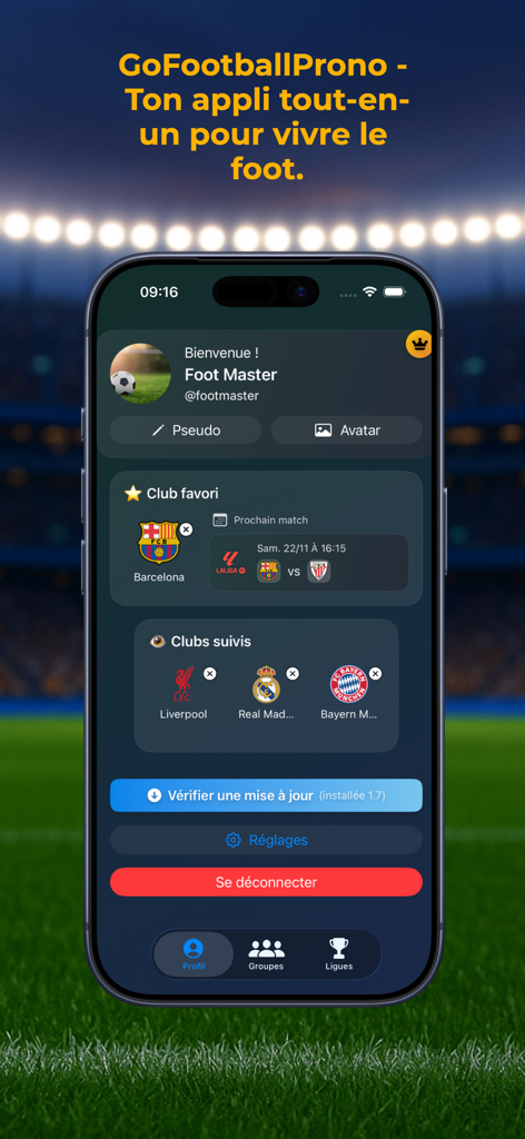Go Football Prono App Benutzerprofilseite mit Lieblingsfußballvereinen und Spielplänen