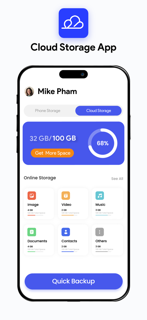 Cloudgate - Cloud Storage App - Interface of Cloudgate app showing cloud storage status and file management categories