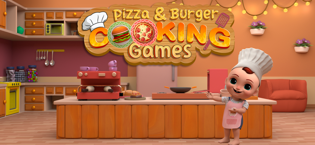 Cooking games for children 2+ - Pequeño chef en una cocina de dibujos animados para juegos de cocina de pizza y hamburguesas.