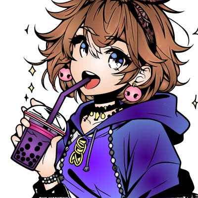 hot baddie anime girl drinking boba and biting the straw