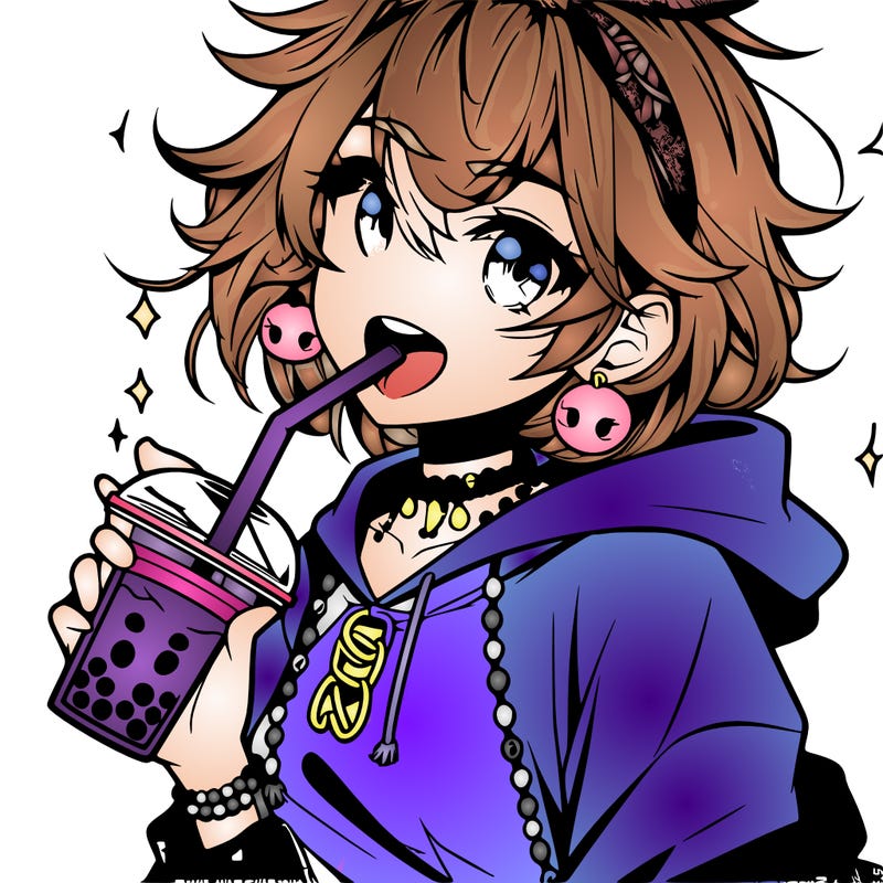 hot baddie anime girl drinking boba and biting the straw