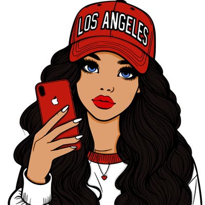 realistic beautiful girl wearing los ángeles cap holding an iphone