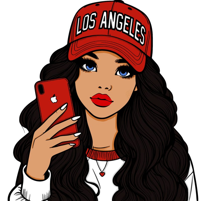 realistic beautiful girl wearing los ángeles cap holding an iphone