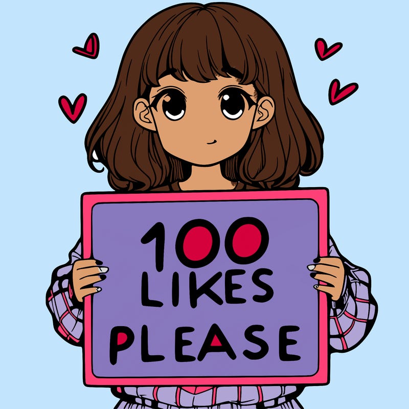 a girl holding a sign saying 100 likes please