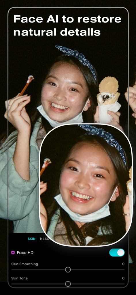 Polarr app screenshot showing Face AI and Face HD retouching tools for skin smoothing on a portrait photo