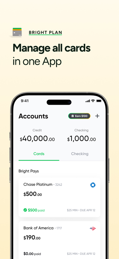 Bright app interface showing the management of multiple credit cards and bank accounts in one place