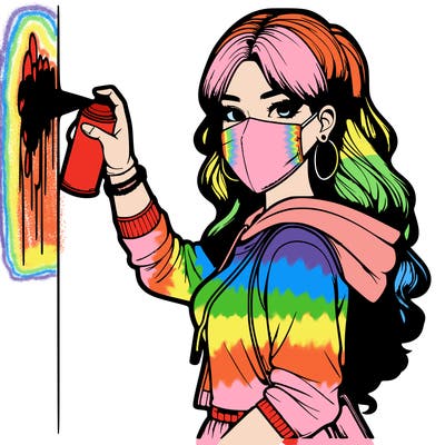 realistic girl with mask spray painting a wall