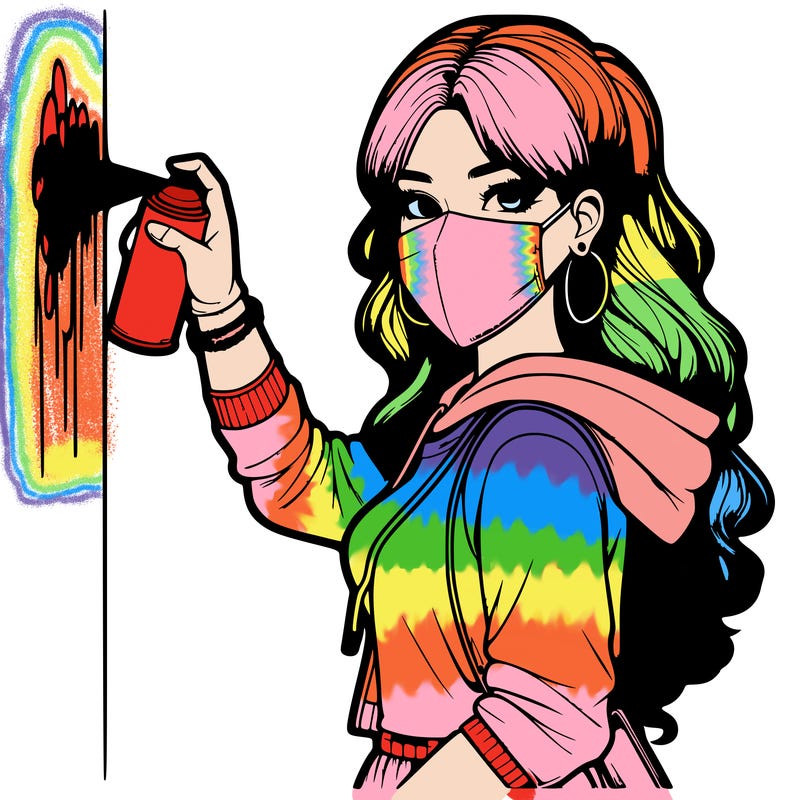 realistic girl with mask spray painting a wall