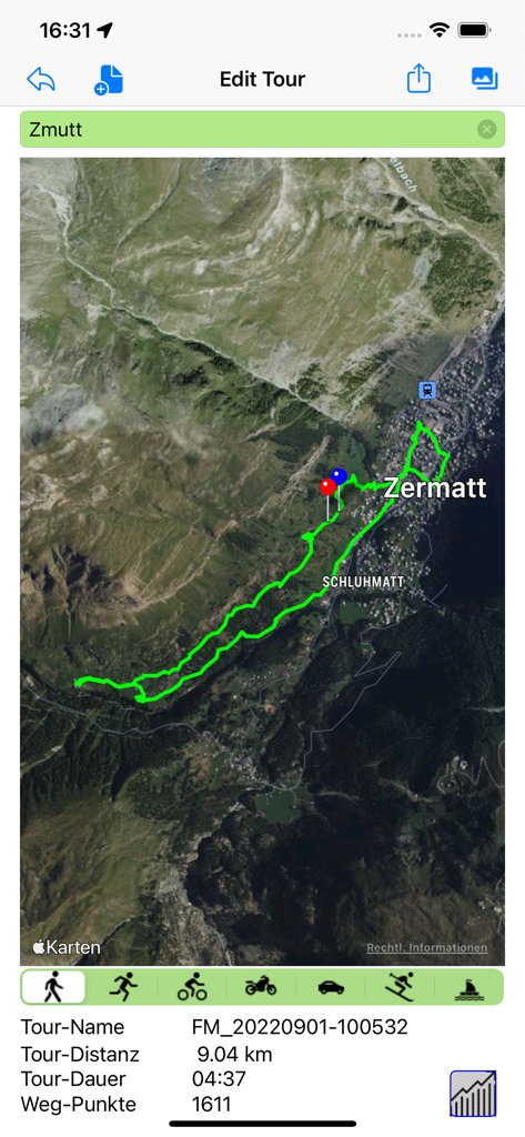 Captura de pantalla de la aplicación FollowMe que muestra una ruta de senderismo registrada en un mapa satelital cerca de Zermatt con estadísticas de distancia y duración.