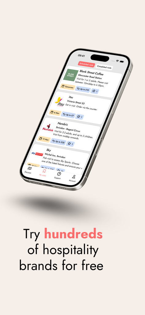 Una pantalla de smartphone que muestra una lista de visitas misteriosas programadas para restaurantes y cafés con montos de reembolso