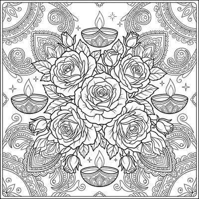 Immerse yourself in the beauty of a Diwali celebration with this unique English roses coloring page. Discover a harmonious blend of classic floral elegance and festive Indian motifs, ready for your creative touch.