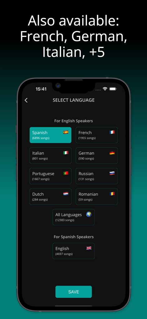 LyricFluent app language selection screen showing various language options like Spanish French and German