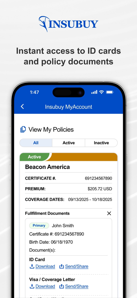 Insubuy MyAccount app screen displaying active travel insurance policy information and options to download ID cards