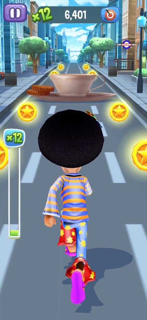 Angry Gran Run - Running Game - Angry Gran in a 70s hippy costume running past a giant tea cup in a city street.