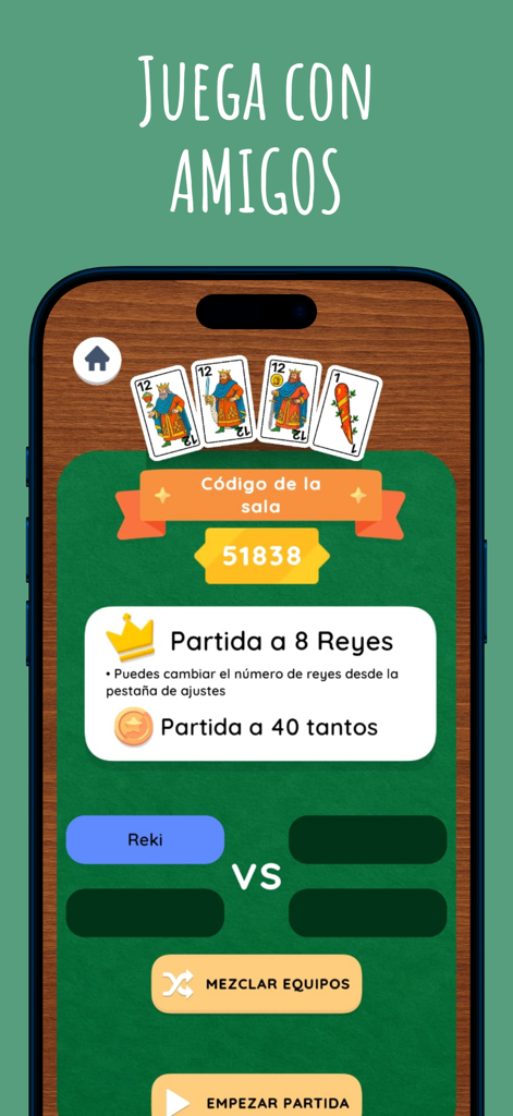 Mus Online - Pantalla de la aplicación Mus Online mostrando la configuración de la sala privada con código de sala y opciones de juego para jugar con amigos