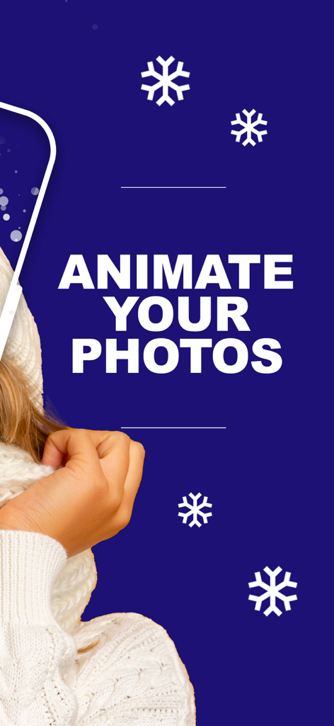 Lumyer:After Effects,Videoleap - A marketing graphic for the Lumyer app with the text Animate Your Photos and snowflake icons on a blue background