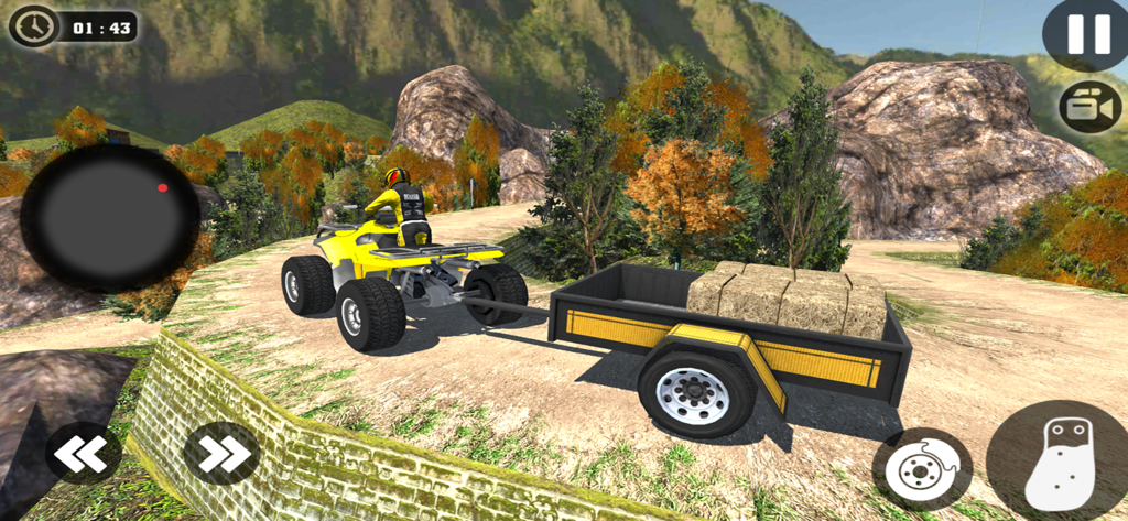 Offroad Rider Dirt Bike Games - A yellow ATV quad bike towing a trailer with hay on a mountain dirt path