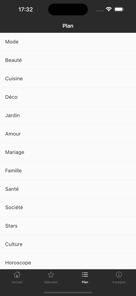 The category menu screen of the Journal des Femmes app listing lifestyle topics like fashion, beauty, cooking, and decor in French.