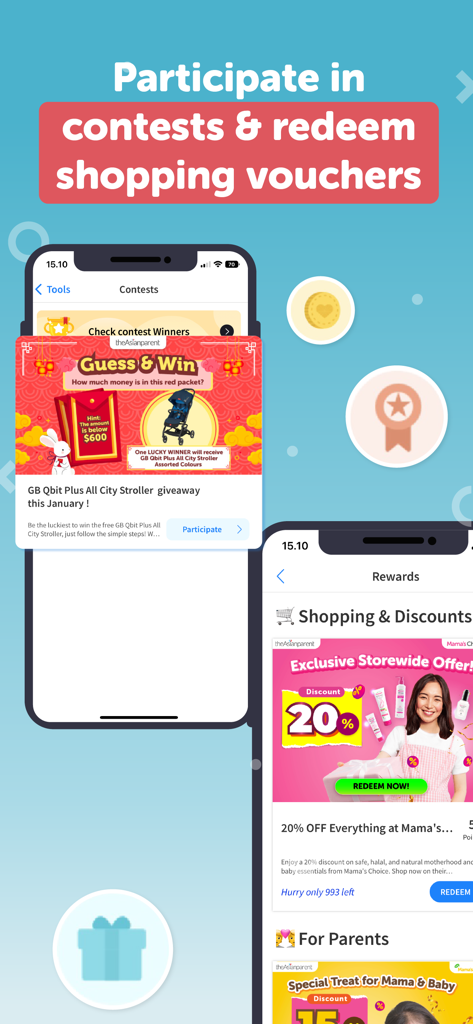 Interface do aplicativo Asianparent mostrando concursos para enxoval de bebê e cupons de desconto em compras para pais
