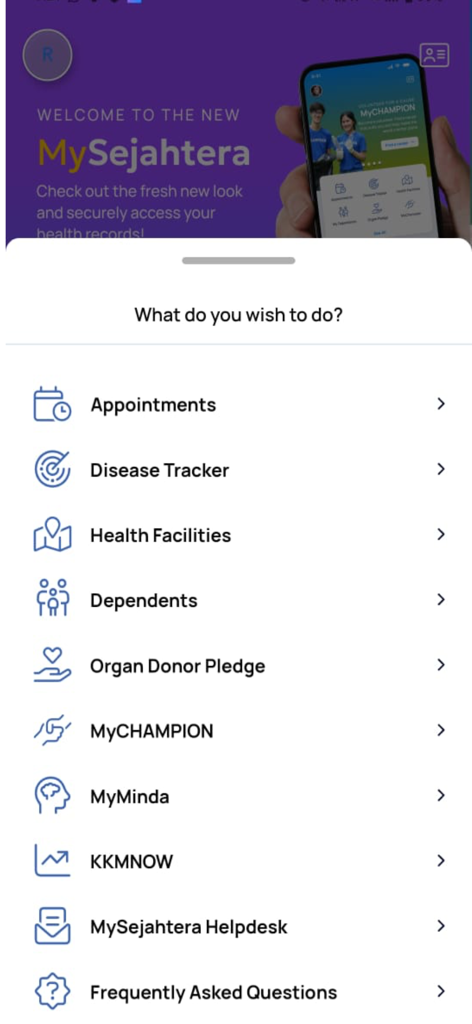 Main menu screen of the MySejahtera health application showing various available services.